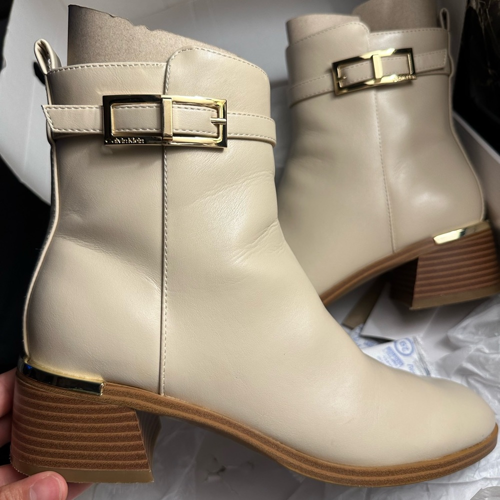 Calvin Klein Beige Ankle Boots with Gold Buckle
